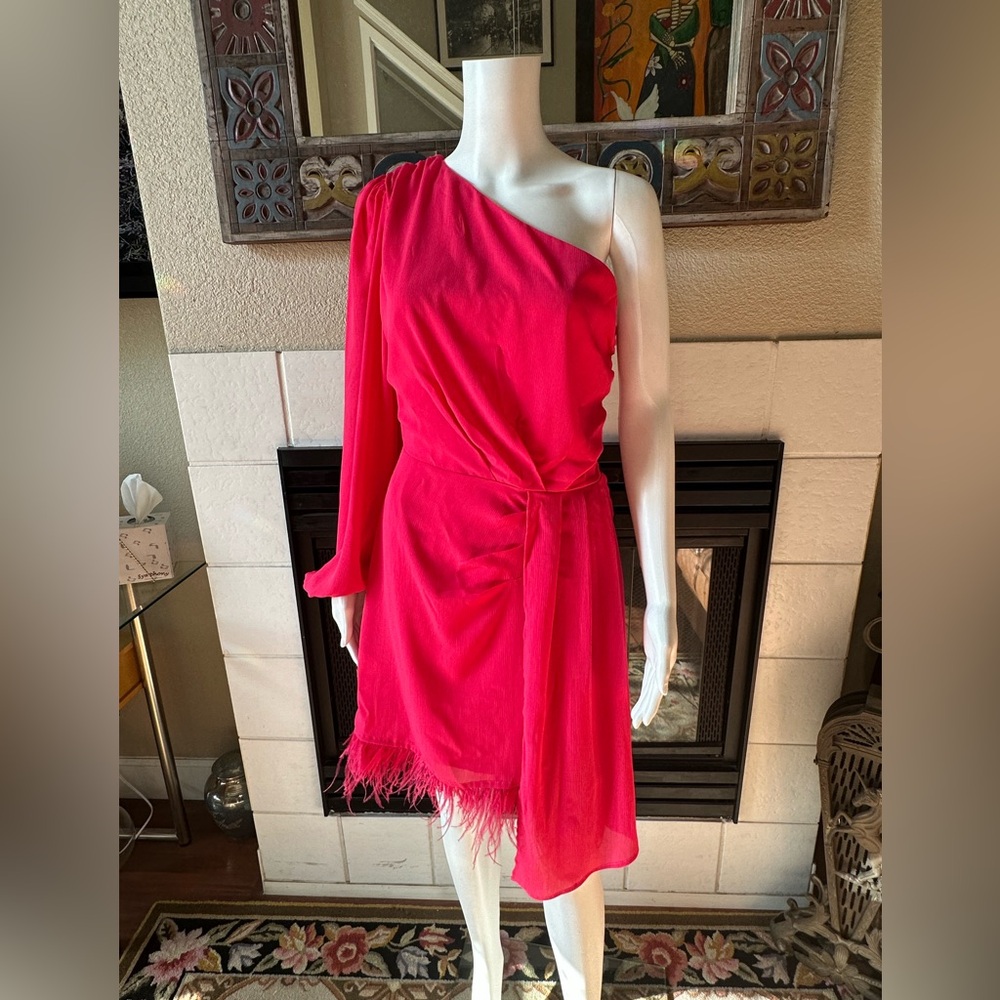 Vici Hot Pink one shoulder dress small Feather Trim Armpit to Armpit 18”